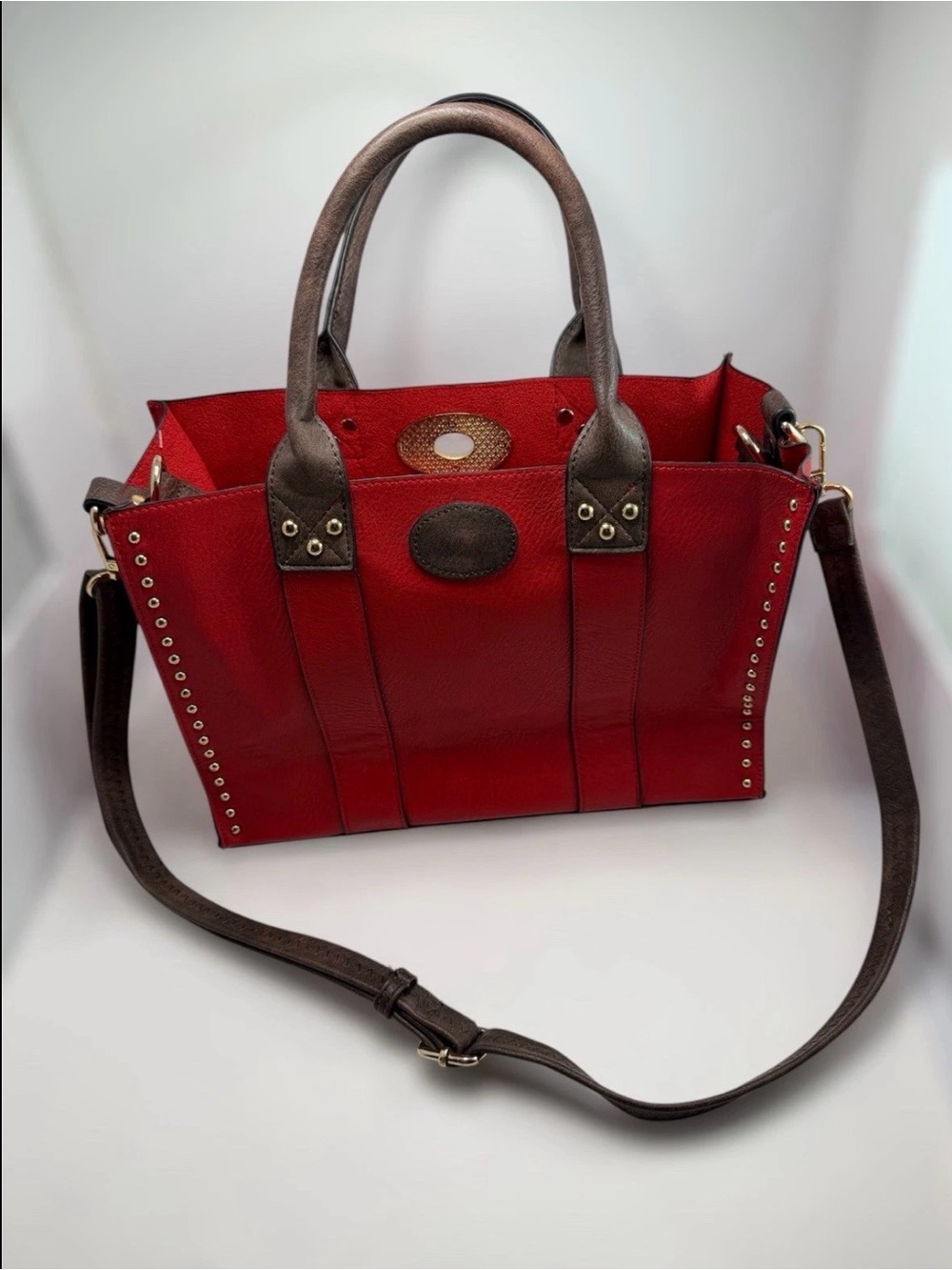 Red Studded Tote Handbag Shoulder Bag Satchel Crossbody Purse Dual Handles Large